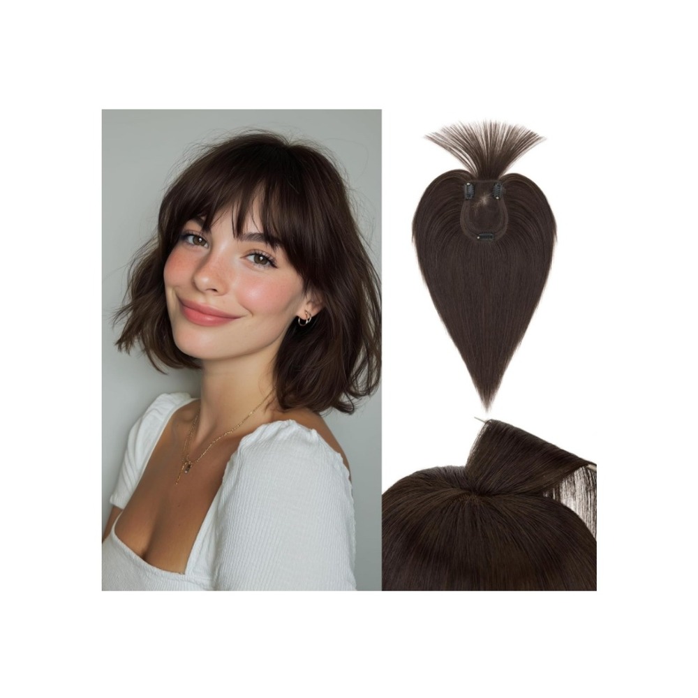 Real Human Hair Topper Wispy Bangs 3D 360 Clip In Hairpiece Dark Brown Brunette